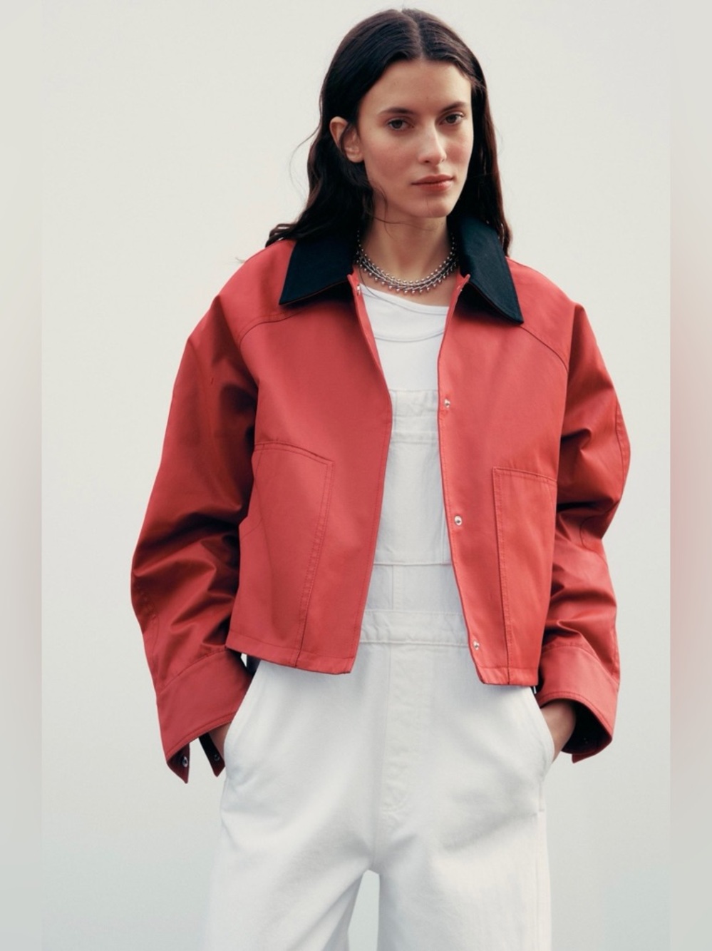 Zara Red Cropped Barn Jacket with Black Collar - Women